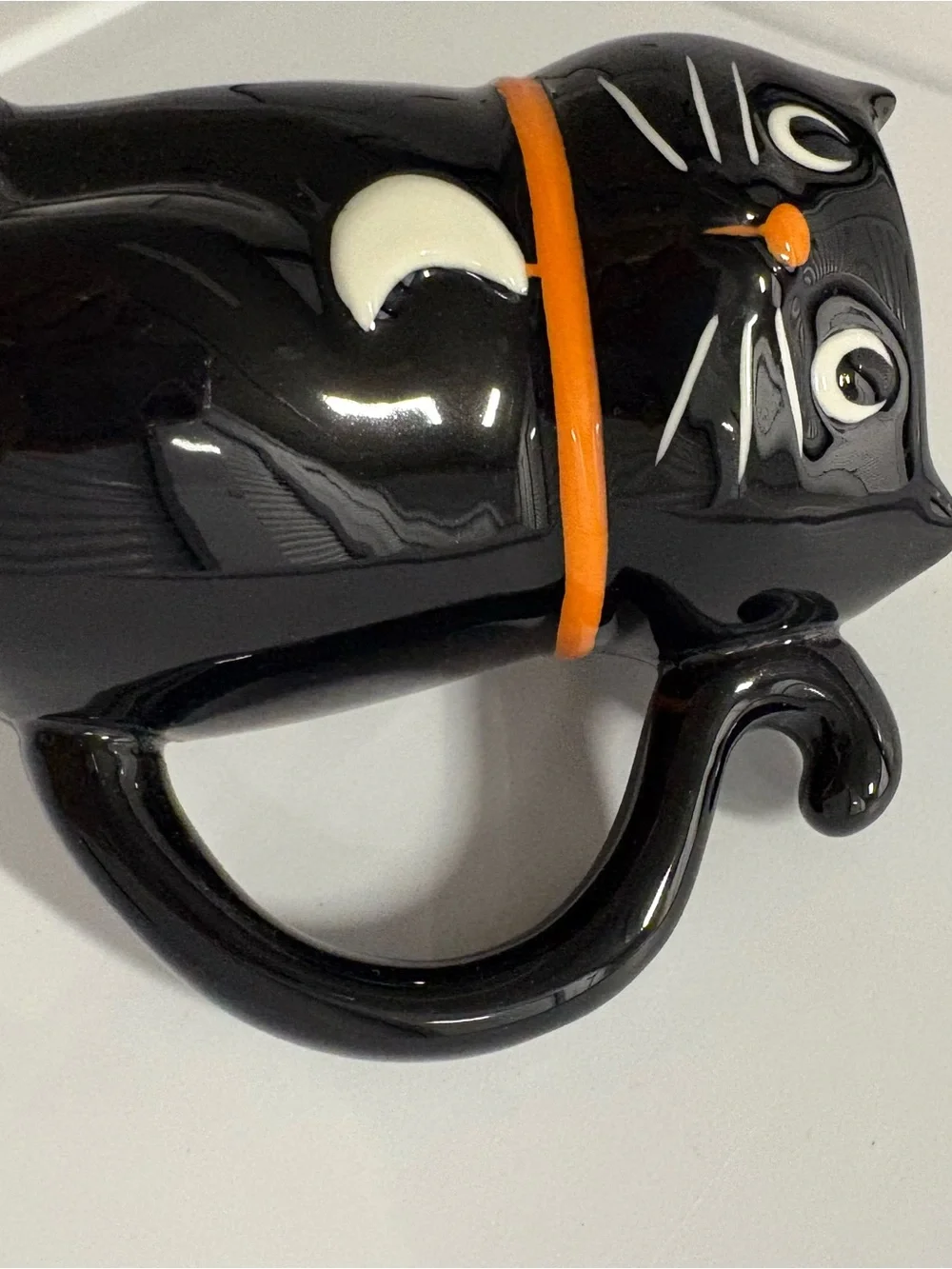 Black Cat Ceramic Mug with Orange Collar and White Moon Accent Halloween decor